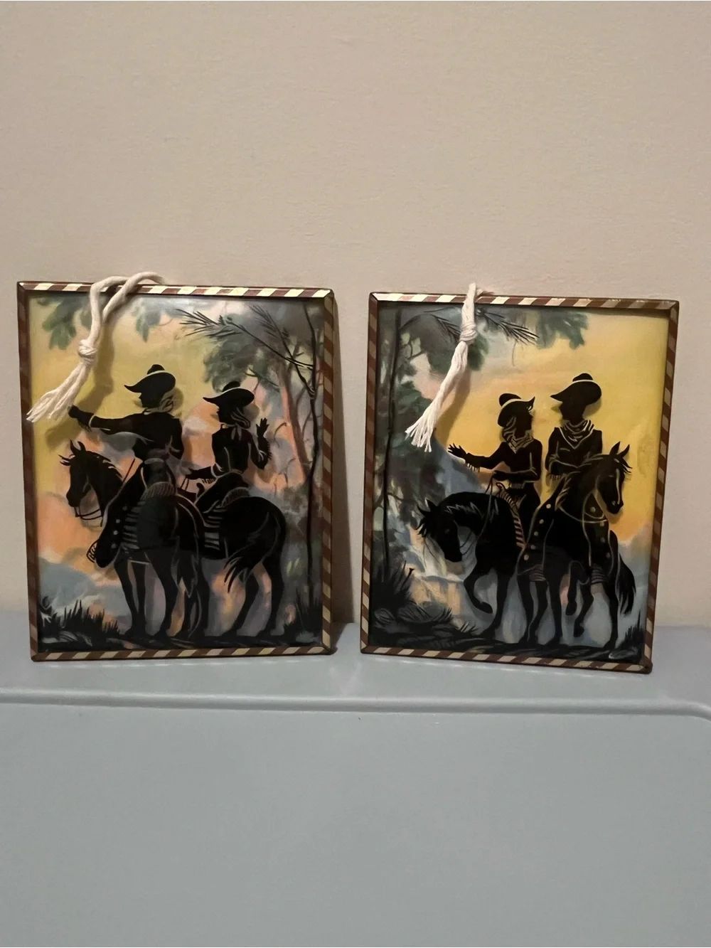 Set of 2 Vintage Hanging Picture Frames Western Cowboy Silhouette 4x5 Portrait